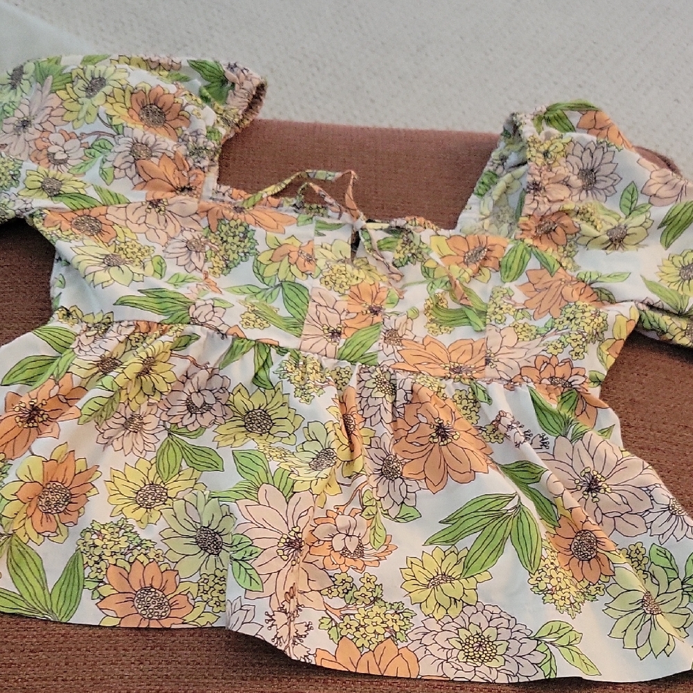 J. Crew Floral Puff Sleeve Blouse in Peach, Yellow & Green